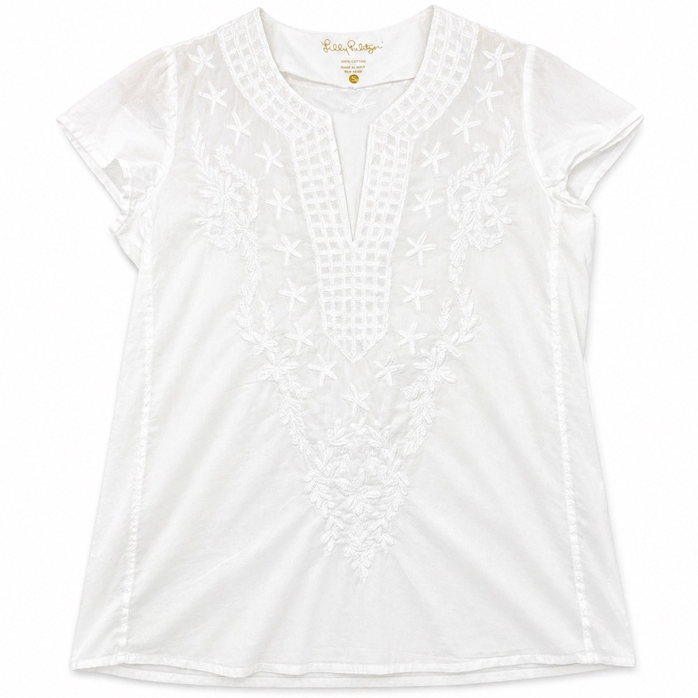 Lilly Pulitzer White Embroidered Tunic Top Boho Coastal Resort Chic S Breezy